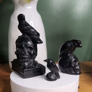 Black Obsidian Skull and Raven Figurine Set Of 3